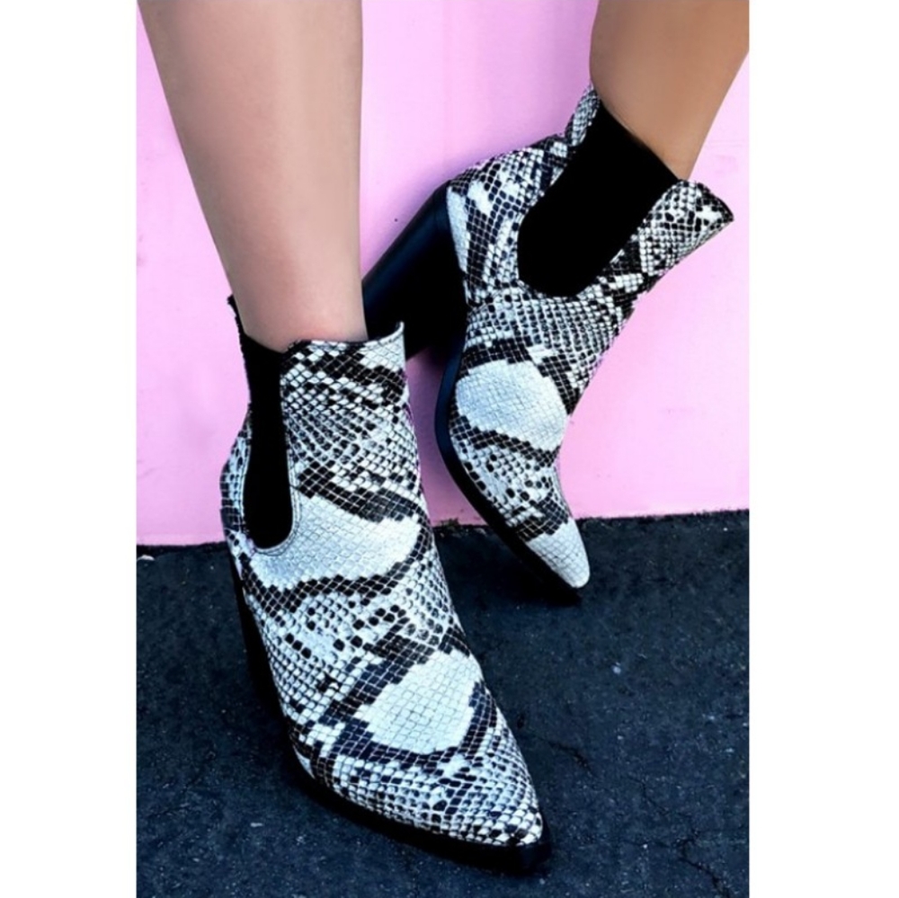 Chunky Heel Snake Print Slip on bootie